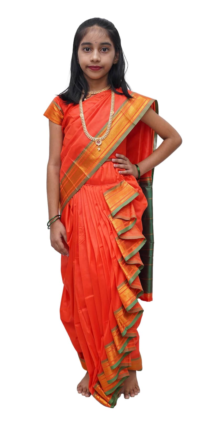luster Shahi Mastani Nauvari saree for kids/girls Ready-to-wear with a stitched blouse, Traditional Maharashtrian Marathi saree, for School program ganpati pujas festival (Orange, 14-15 Years)