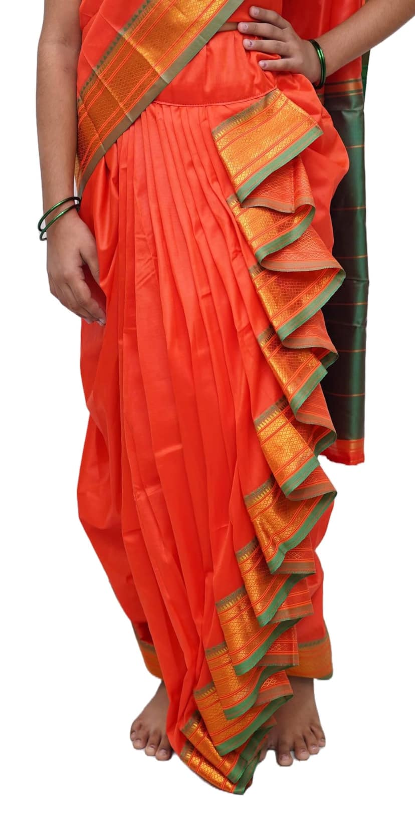 luster Shahi Mastani Nauvari saree for kids/girls Ready-to-wear with a stitched blouse, Traditional Maharashtrian Marathi saree, for School program ganpati pujas festival (Orange, 14-15 Years) view 2