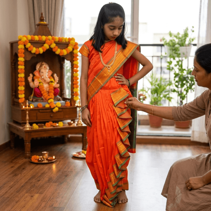 luster Shahi Mastani Nauvari saree for kids/girls Ready-to-wear with a stitched blouse, Traditional Maharashtrian Marathi saree, for School program ganpati pujas festival (Orange, 14-15 Years) view 3