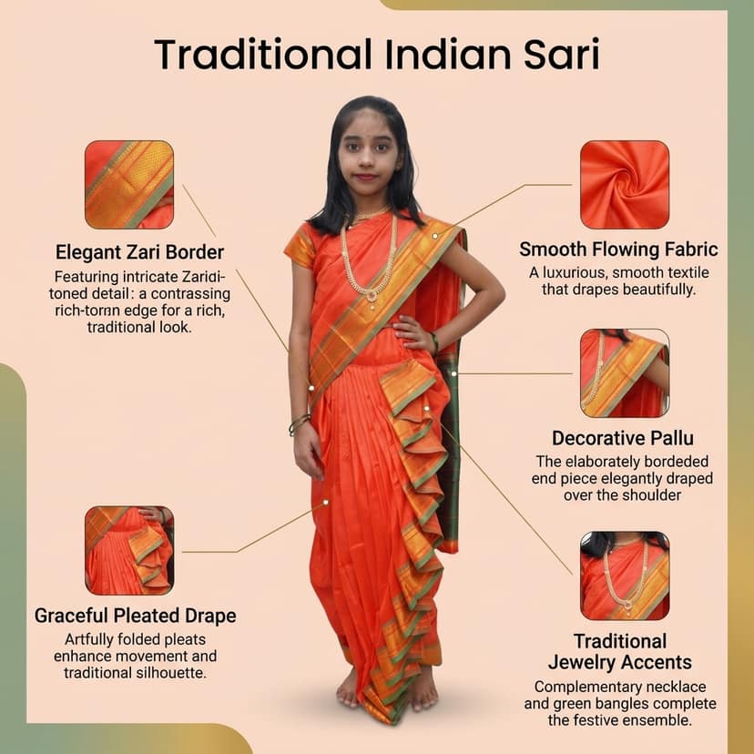 luster Shahi Mastani Nauvari saree for kids/girls Ready-to-wear with a stitched blouse, Traditional Maharashtrian Marathi saree, for School program ganpati pujas festival (Orange, 14-15 Years) view 4
