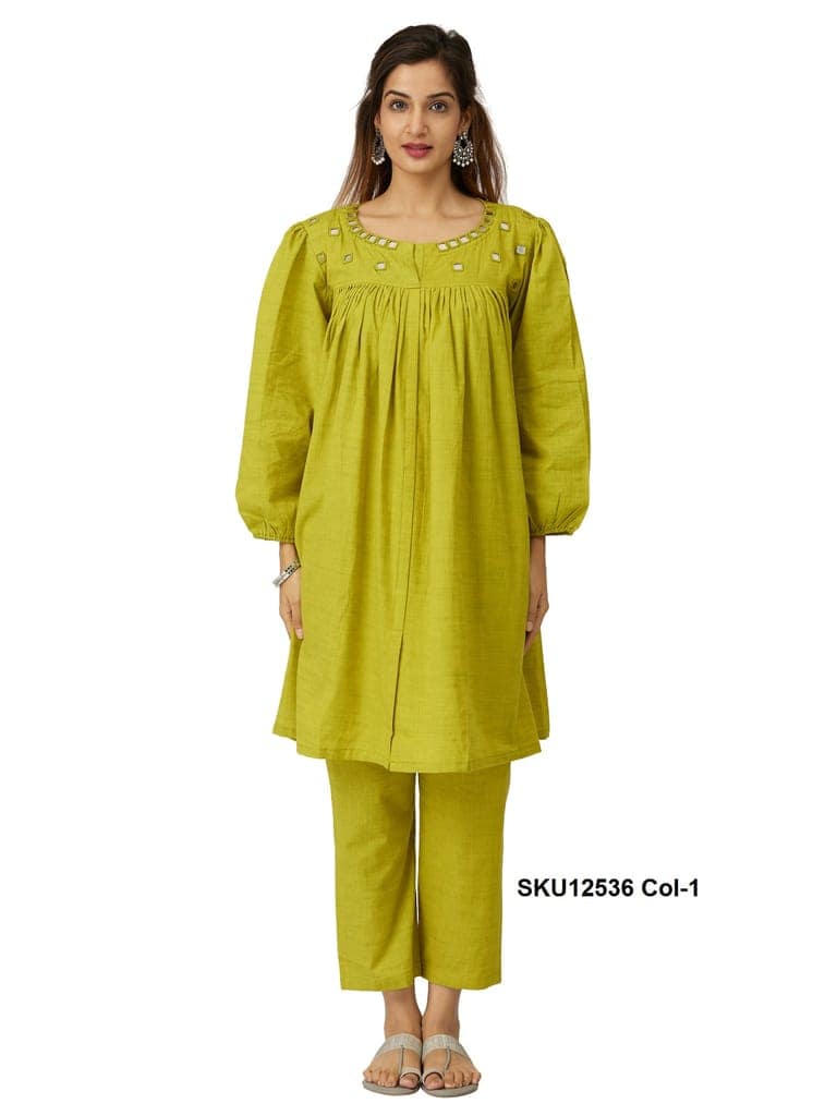 Lime Green Cotton Co-ord Set for Women with Mirror Work & Balloon Sleeves view 5