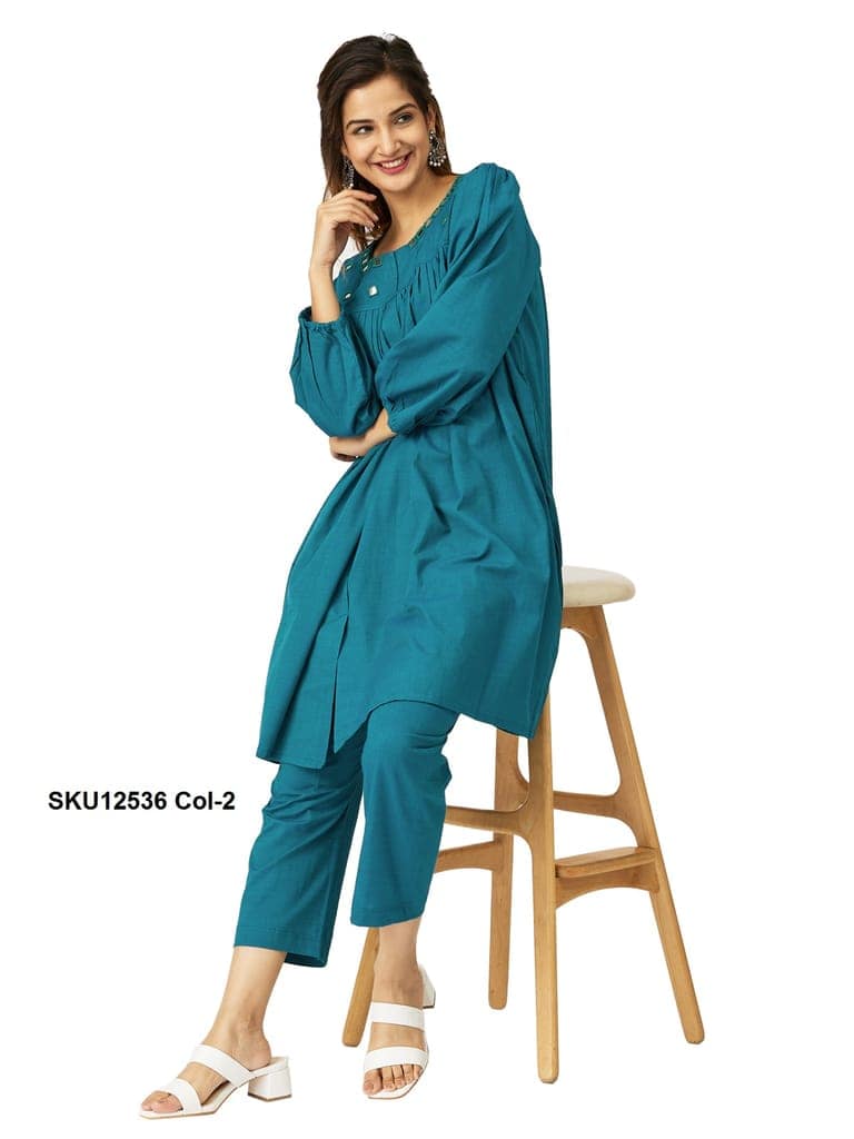 Lime Green Cotton Co-ord Set for Women with Mirror Work & Balloon Sleeves view 9