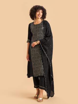 Black Muslin Kurti Set & Dupatta With Sequins Work.