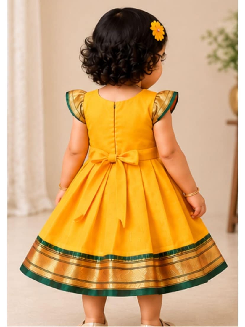 Mom and Me Baby Girls' Black Acrylic Cotton Dress Traditional Elegant Frock for 0-5 Years| Perfect for Festivals Family Gatherings, Celebrations (in, Age, 2 Years, 3 Years, Regular, Yellow) view 2