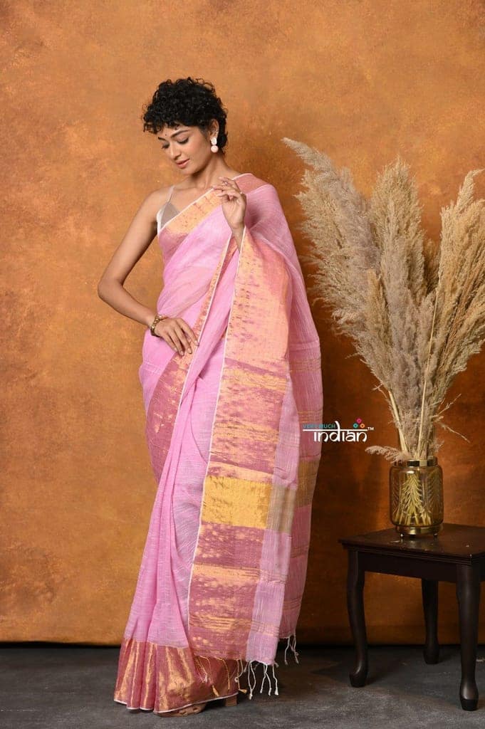 Mastaani ~ Handloom Pure Cotton Linen Saree With Golden Border - Pink view 2