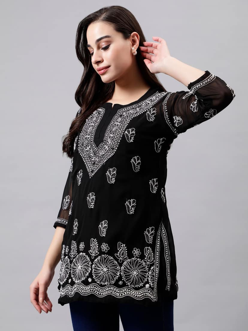 Seva Chikan Lucknowi Chikankari Black Georgette Top/ Kurti & Slip view 3