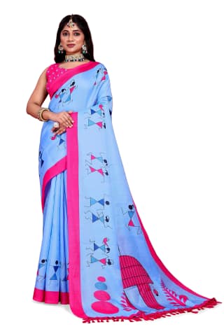 Khadi Silk Warli Printed Saree with Unstitched Blouse for Women (Color - Blue) by SHIV TEXTILES