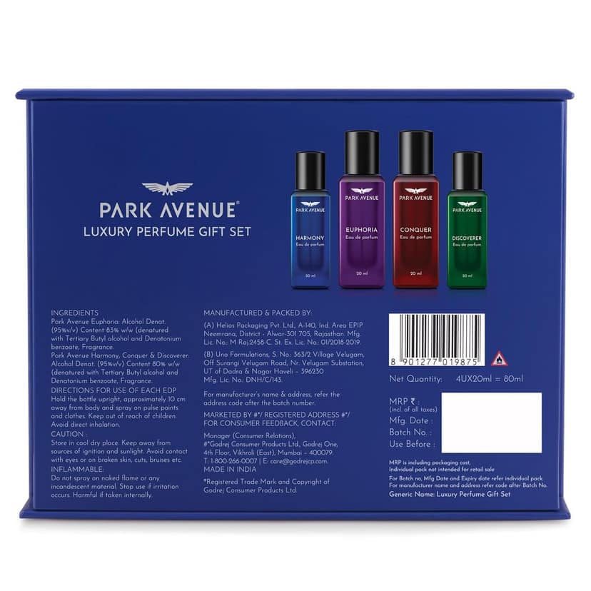 Park Avenue Luxury Perfume Gift Set for Men, 4x20 ml | Euphoria, Conquer, Harmony & Discoverer Perfume | Eau De Parfum | Premium Luxury Perfume for Corporate Man | Perfume for men Long Lasting Smell view 8