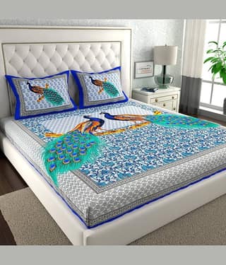 ABHACLOTHO Cotton 1 Double Bedsheet with 2 Pillow Covers ( Blue )