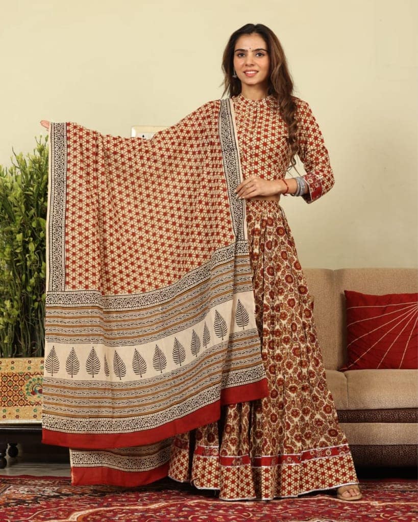 Handblock Printed Cotton Lehanga And Top With Mulmul Dupatta (Size 34-46) Cream Orange Color-7364 view 2