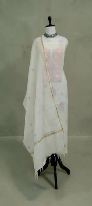 Lucknow Chikankari Dress Material in White and Ivory Mul Cotton