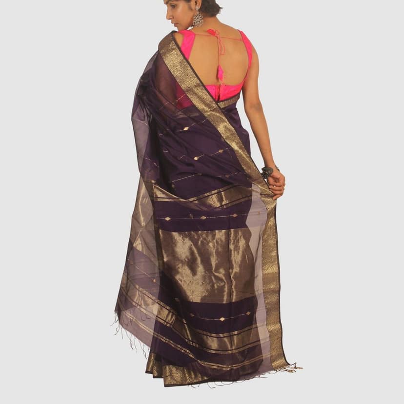 Royal Purple Maheshwari Handloom Saree with Classic Gold Zari Border view 2