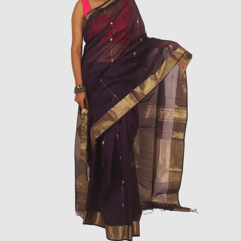 Royal Purple Maheshwari Handloom Saree with Classic Gold Zari Border view 3