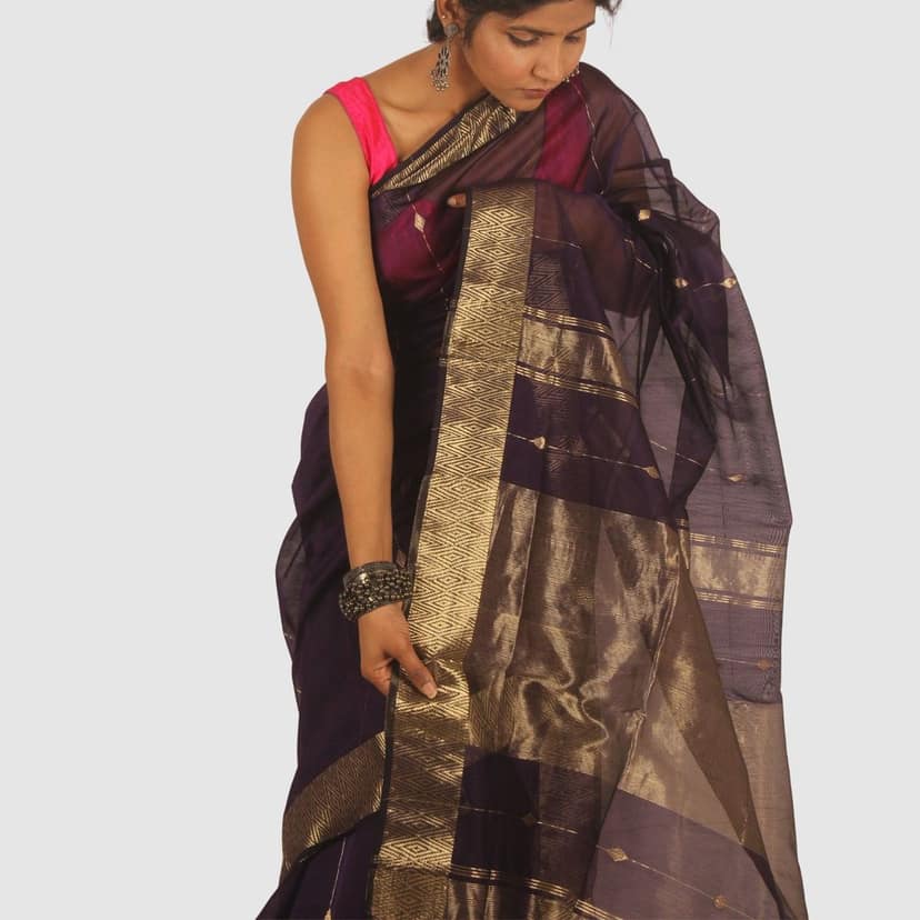 Royal Purple Maheshwari Handloom Saree with Classic Gold Zari Border view 4