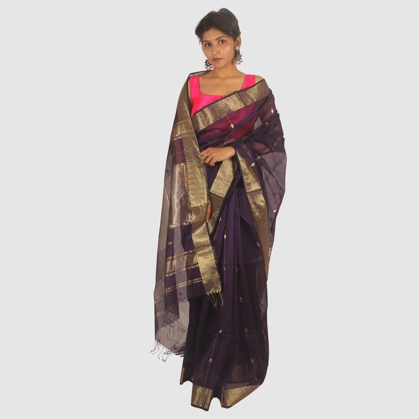 Royal Purple Maheshwari Handloom Saree with Classic Gold Zari Border view 5