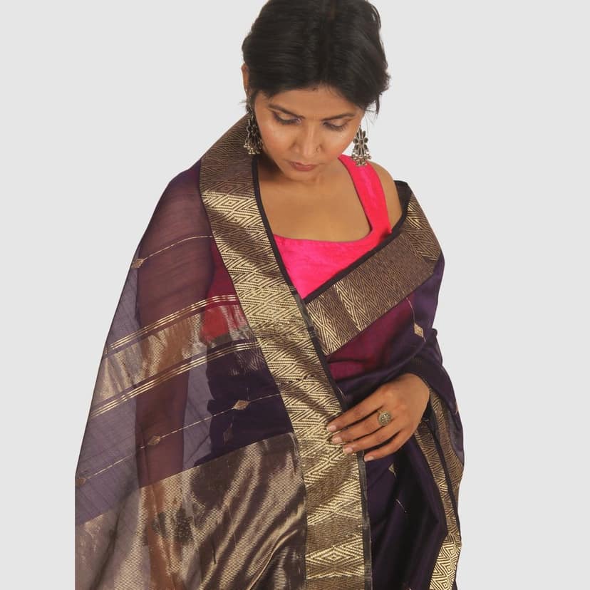 Royal Purple Maheshwari Handloom Saree with Classic Gold Zari Border view 7
