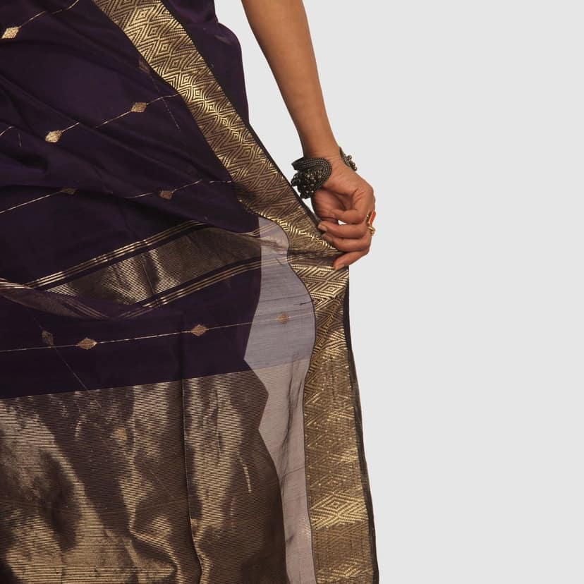 Royal Purple Maheshwari Handloom Saree with Classic Gold Zari Border view 9