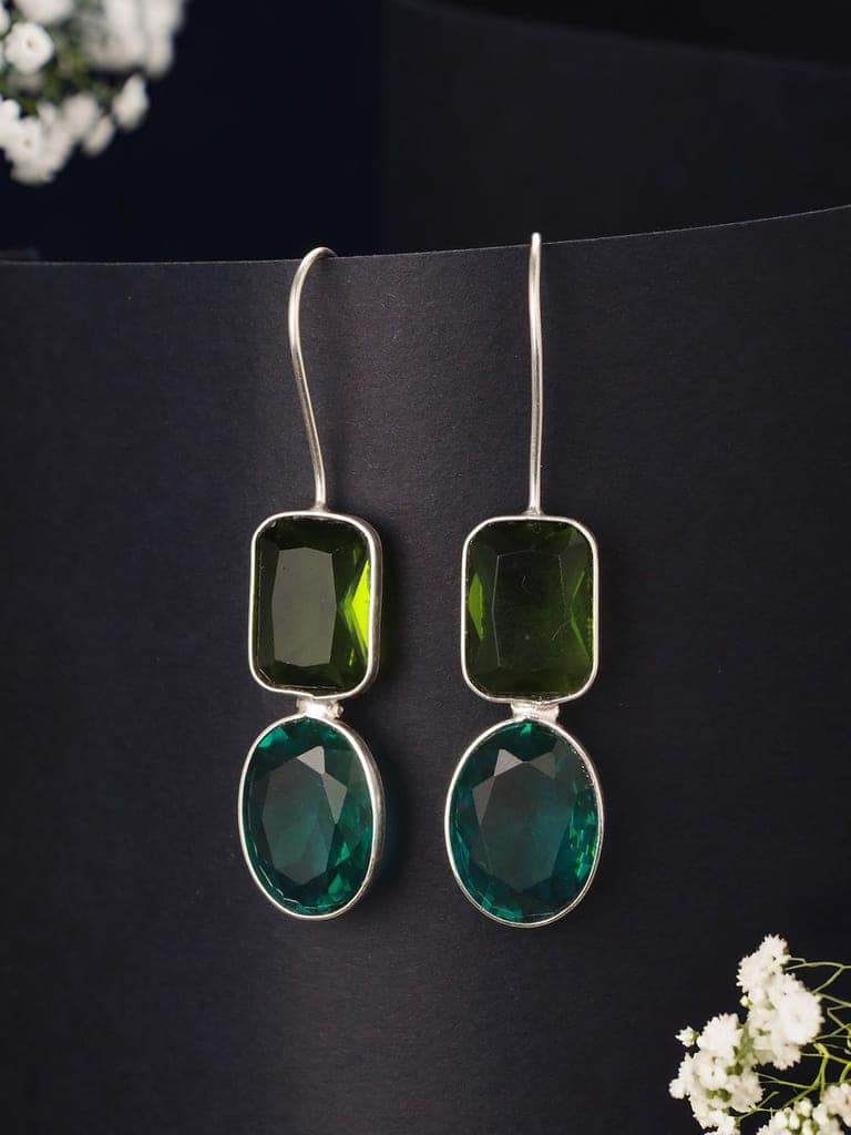 Silver Toned Oxidised Green Fish Hook Minimal Dailywear Earrings view 2