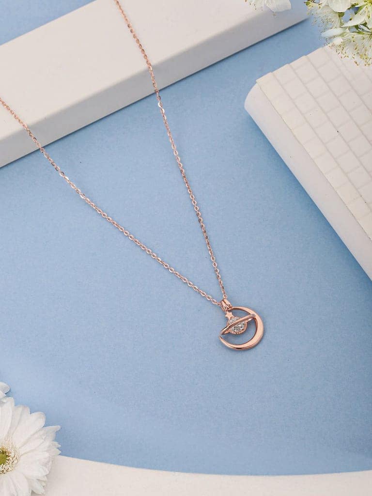925 Sterling Silver Rose Gold Plated CZ Studded Minimal Orbit Pendant Necklace & Chain