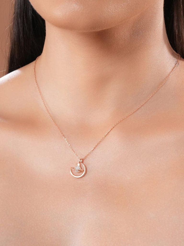 925 Sterling Silver Rose Gold Plated CZ Studded Minimal Orbit Pendant Necklace & Chain view 2