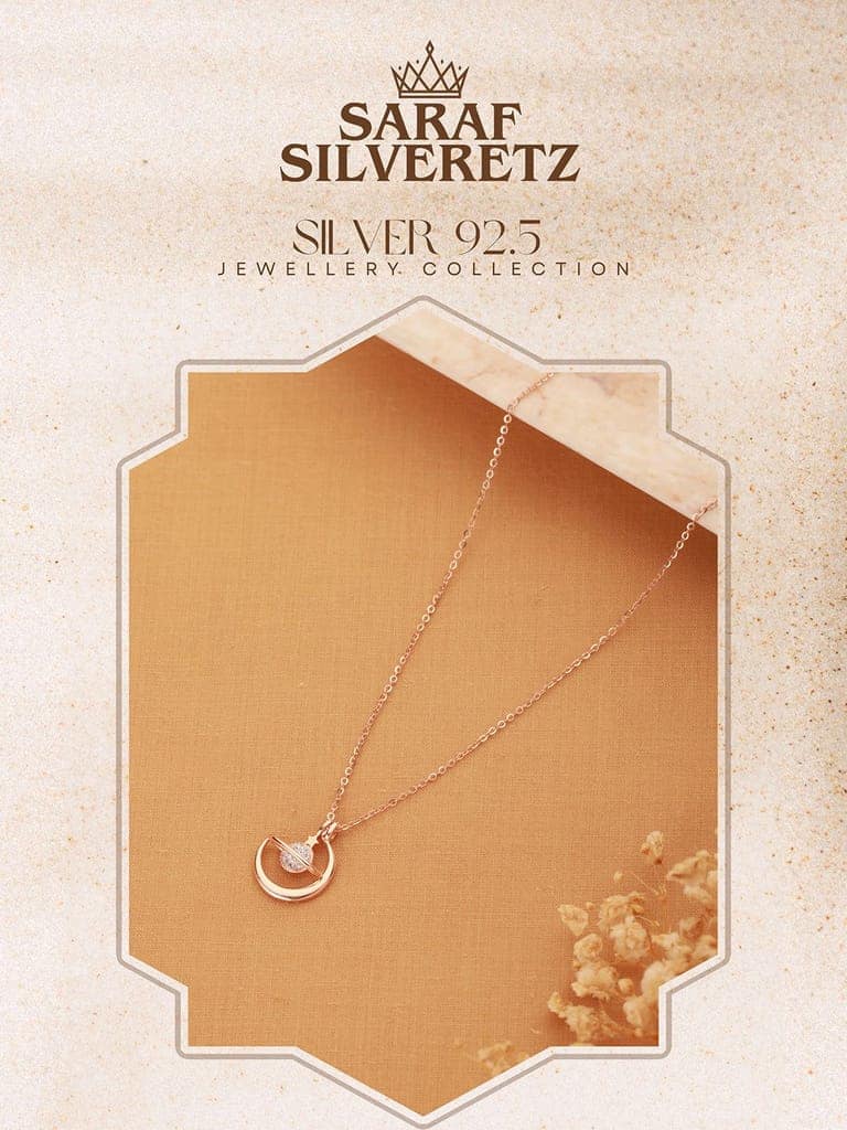 925 Sterling Silver Rose Gold Plated CZ Studded Minimal Orbit Pendant Necklace & Chain view 3