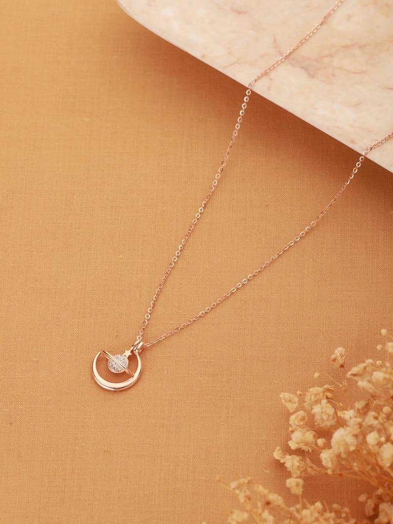 925 Sterling Silver Rose Gold Plated CZ Studded Minimal Orbit Pendant Necklace & Chain view 4