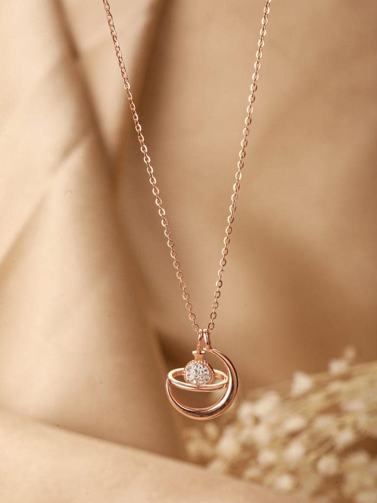925 Sterling Silver Rose Gold Plated CZ Studded Minimal Orbit Pendant Necklace & Chain view 9