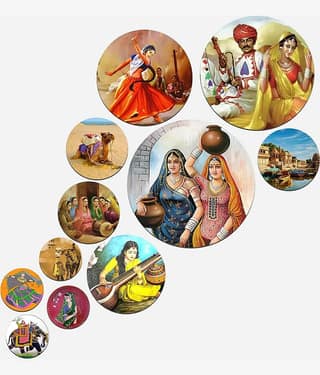SNDArt Set Of 11 Modern Art Rajasthani Traditional Round Self Adhesive Wall Decor Gift Items For Living Room Digital Reprint 21 inch x 26 inch