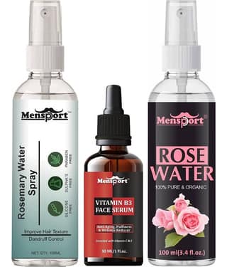 Mensport Rosemary Water | Hair Spray For Hair Regrowth 100ml, Vitamin B3 Face Serum Enriched with Vit C & E 30ml & Natural Rose Water 100ml - Set of 3 Items