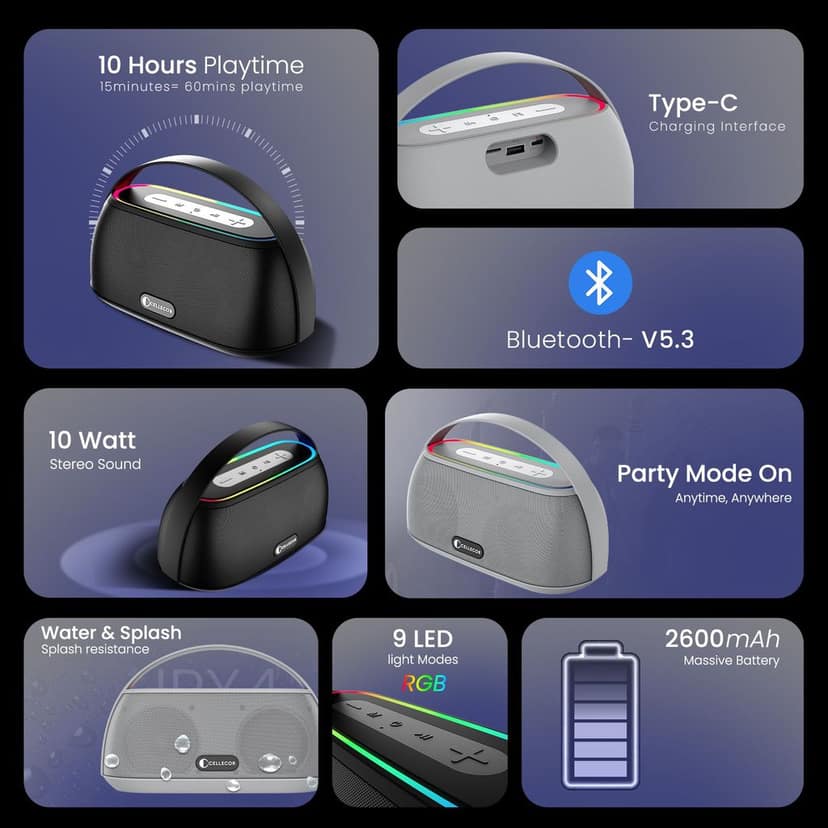 Cellecor CLB-60 | 10 Hr Playtime | BT-v5.3 | 2600mAH | Water Resistant 10 W Bluetooth Speaker-grey view 9