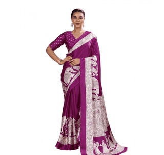 womens satin crepe printed saree with unstitched blouse 5mtr purple pid65073