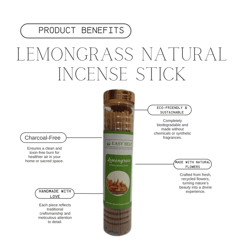 Lemongrass Incense Sticks – Handcrafted, Made with Natural Flowers, Charcoal-Free, Long-Lasting Fragrance