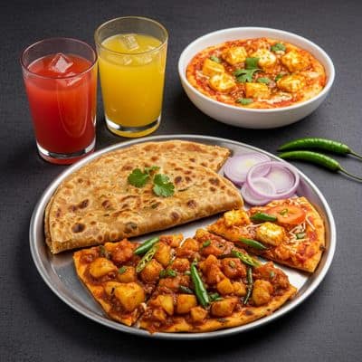 2 Aloo Schezwan Paratha + Paneer Pizza Paratha + 2 Juice