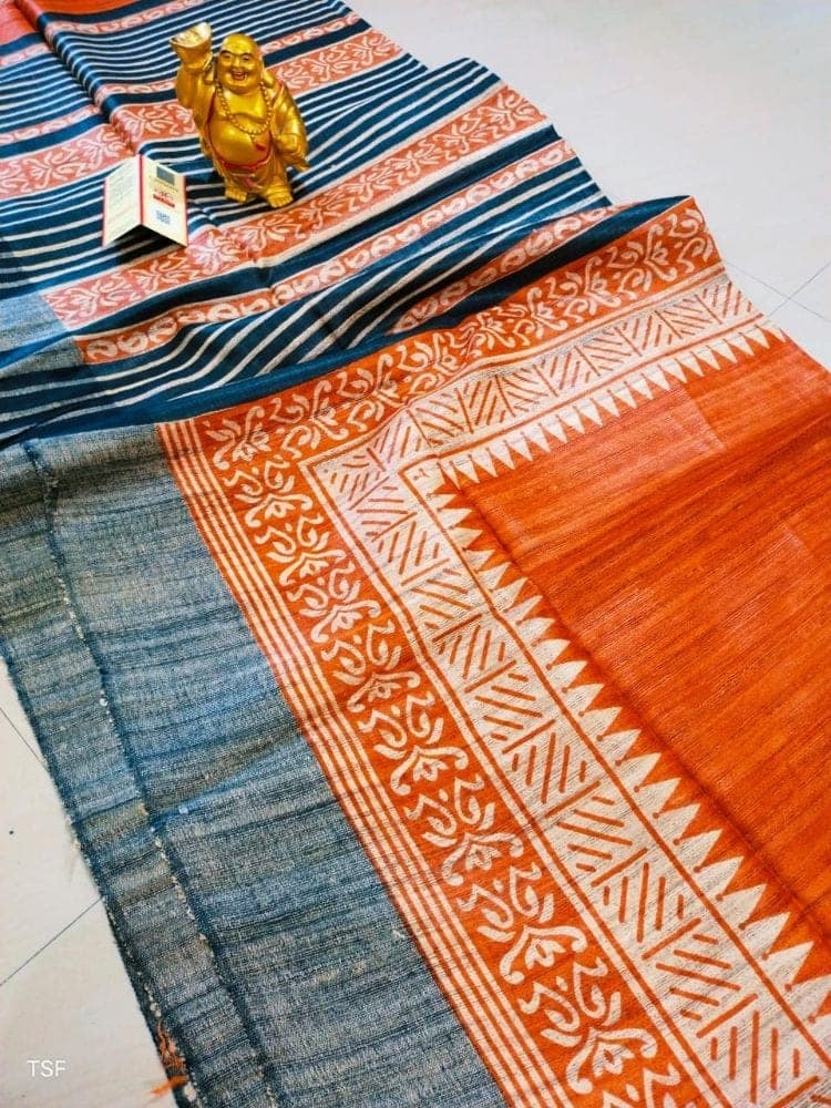 Silkmark Certified Tussar Silk Handloom Handblock Printed Orange and Blue Saree with Blouse-9253