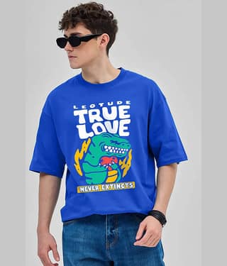 Leotude Men Cotton Blend Oversized Fit Printed T-Shirt ( Blue )