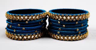 Set of 16 Designer Silk Thread Bangles with Kundan Stones in Peacock Blue
