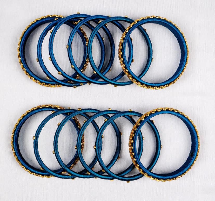 Set of 16 Designer Silk Thread Bangles with Kundan Stones in Peacock Blue view 2