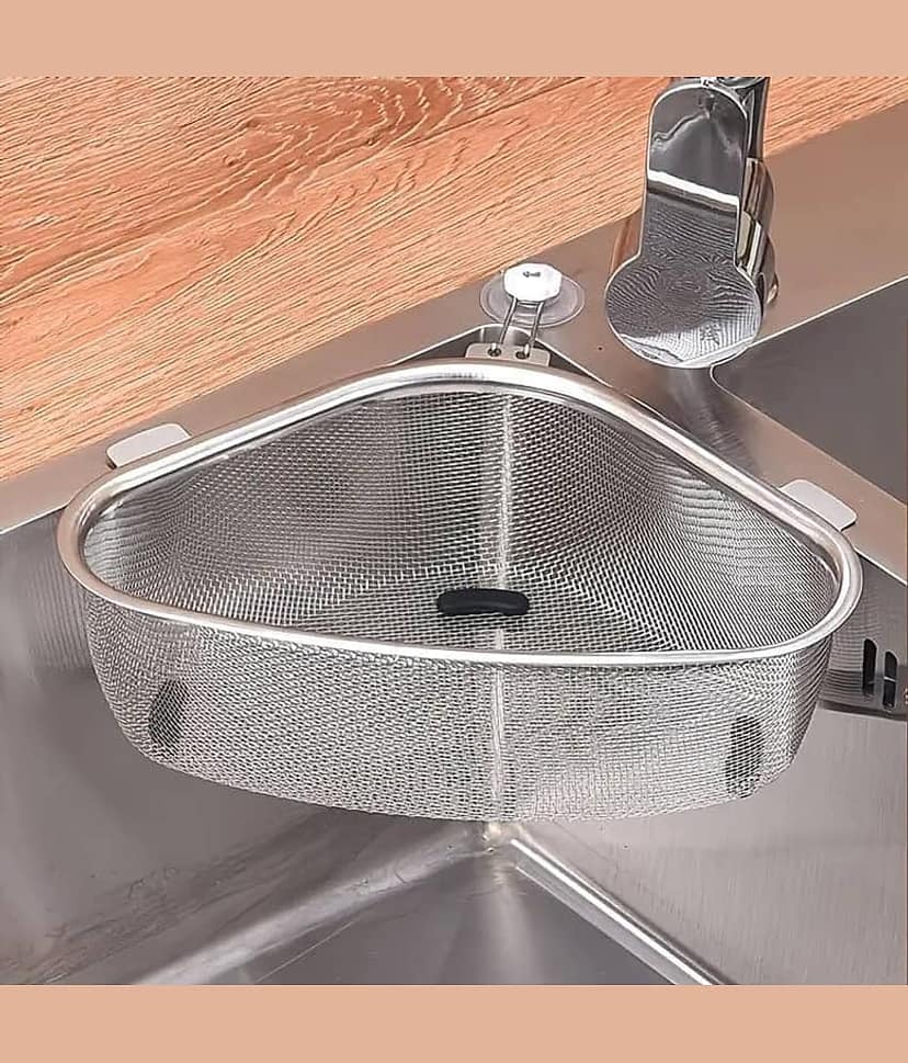 RAMDEV ENTERPRISE Stainless Steel Triangle Kitchen Sink Strainer Basket for Sink Food Strainer, Corner Sink Strainer Basket Stainless Steel Food Catcher Strainer for Kitchen Waste, Vegetable, Fruits (Silver).