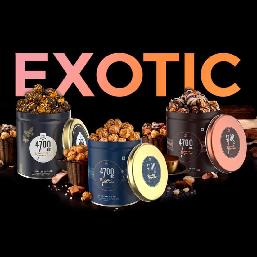 4700BC Gourmet Popcorn, Festive Gift Box, 325g, (3 Tins: 1 Hawaiian Barbeque Cheese, 1 Himalayan Salt Caramel and 1 Nutty Tuxedo Chocolate)