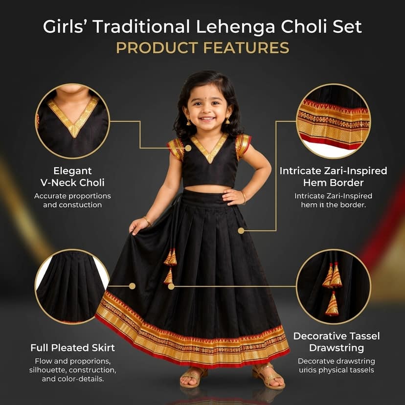Mom and Me Girls’ Lehenga Choli/Parker Polka/Pattu Pavadai (0 Months–6 Years) | Acrylic Cotton with Soft Cotton Lining | V-Neck, Short Puff Sleeves, Zipper Closure (Black, 5-6 Y) view 4