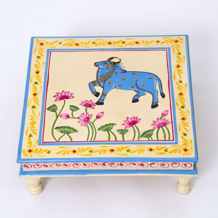 Hand painted pichwai art cream color wooden chowki / Bajot view 2