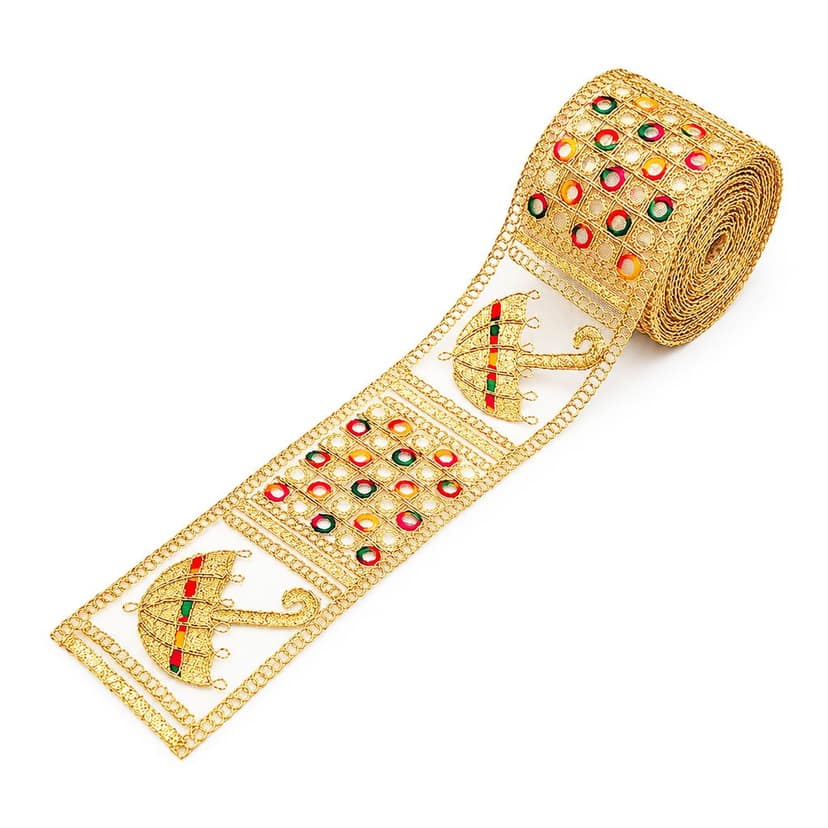 Saree Lace Border, Gora Patt Lace Trim, Sewing Ribbon Roll, Embroidery Material, Designer Lace, Golden Lace, Zari Border, Fancy Heavy Lace, 3 inch width 9 Mtr Length Multi Colour Thread and Gold Zari Umbrella Design Cutwork Laces for Dupatta Dress
