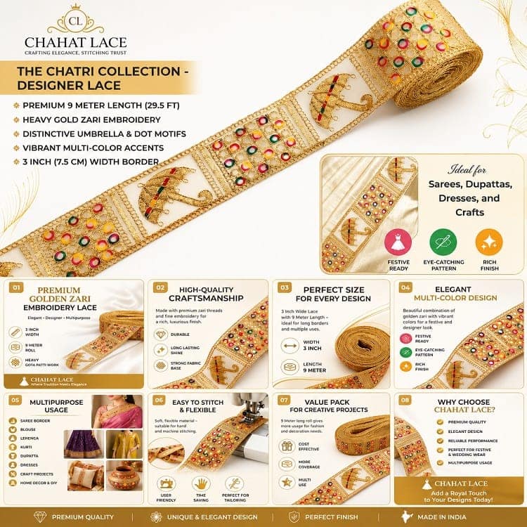 Saree Lace Border, Gora Patt Lace Trim, Sewing Ribbon Roll, Embroidery Material, Designer Lace, Golden Lace, Zari Border, Fancy Heavy Lace, 3 inch width 9 Mtr Length Multi Colour Thread and Gold Zari Umbrella Design Cutwork Laces for Dupatta Dress view 2