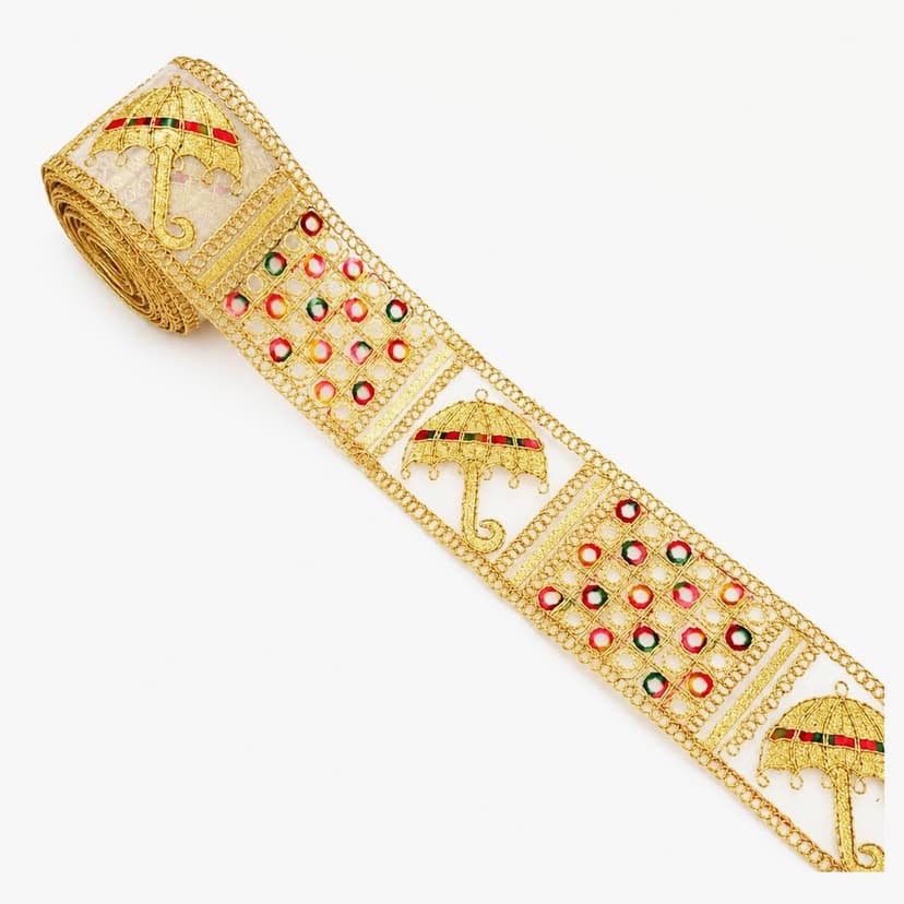 Saree Lace Border, Gora Patt Lace Trim, Sewing Ribbon Roll, Embroidery Material, Designer Lace, Golden Lace, Zari Border, Fancy Heavy Lace, 3 inch width 9 Mtr Length Multi Colour Thread and Gold Zari Umbrella Design Cutwork Laces for Dupatta Dress view 3