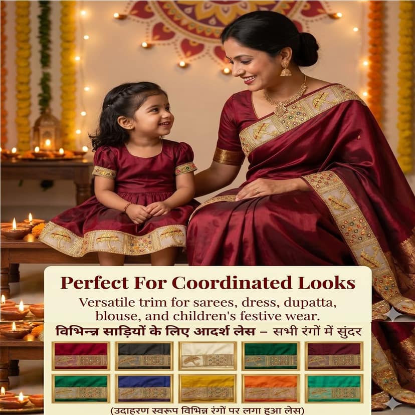 Saree Lace Border, Gora Patt Lace Trim, Sewing Ribbon Roll, Embroidery Material, Designer Lace, Golden Lace, Zari Border, Fancy Heavy Lace, 3 inch width 9 Mtr Length Multi Colour Thread and Gold Zari Umbrella Design Cutwork Laces for Dupatta Dress view 4