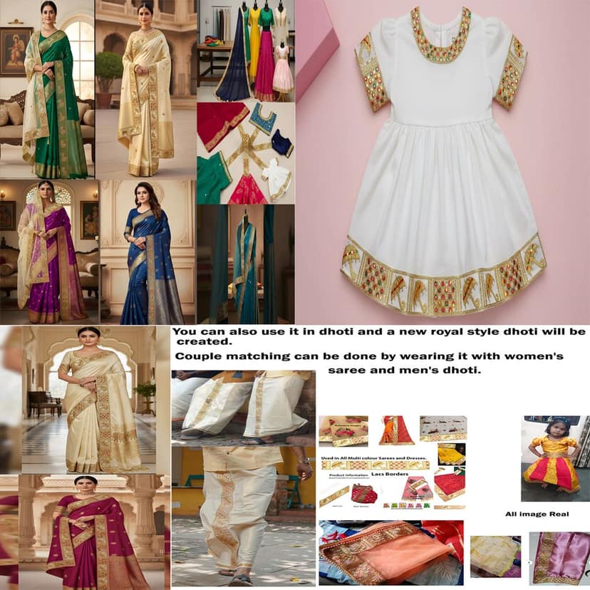 Saree Lace Border, Gora Patt Lace Trim, Sewing Ribbon Roll, Embroidery Material, Designer Lace, Golden Lace, Zari Border, Fancy Heavy Lace, 3 inch width 9 Mtr Length Multi Colour Thread and Gold Zari Umbrella Design Cutwork Laces for Dupatta Dress view 6