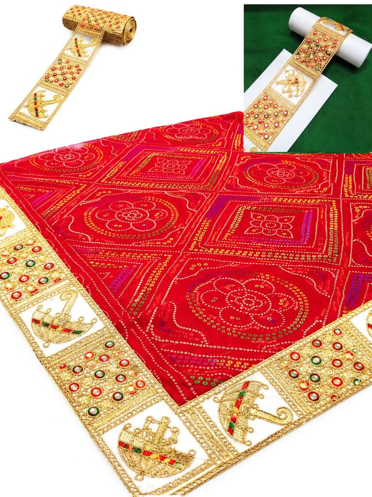 Saree Lace Border, Gora Patt Lace Trim, Sewing Ribbon Roll, Embroidery Material, Designer Lace, Golden Lace, Zari Border, Fancy Heavy Lace, 3 inch width 9 Mtr Length Multi Colour Thread and Gold Zari Umbrella Design Cutwork Laces for Dupatta Dress view 8