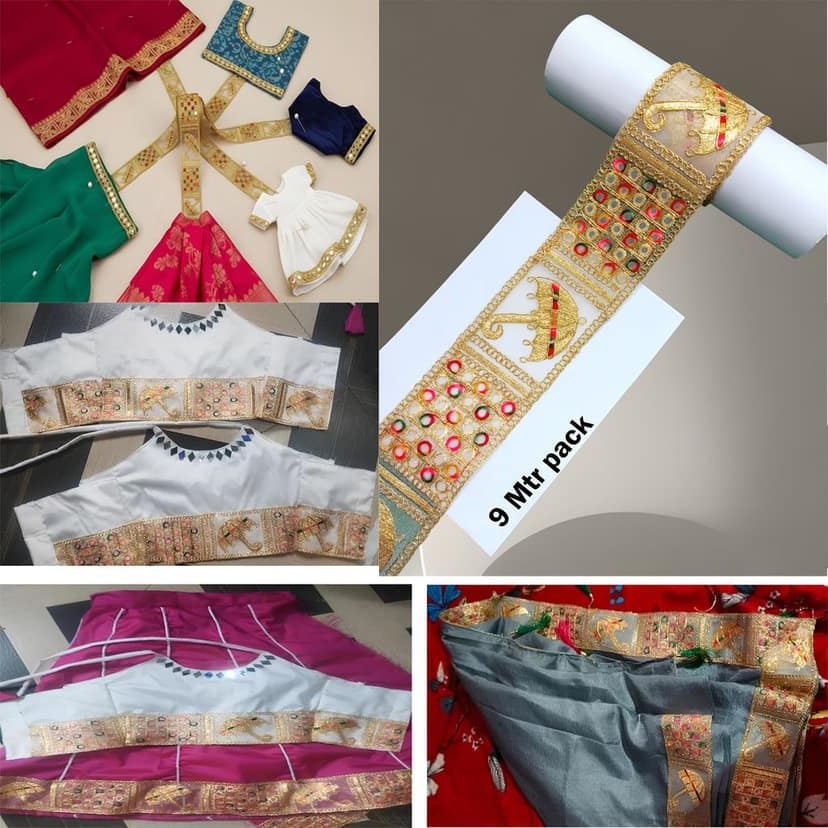 Saree Lace Border, Gora Patt Lace Trim, Sewing Ribbon Roll, Embroidery Material, Designer Lace, Golden Lace, Zari Border, Fancy Heavy Lace, 3 inch width 9 Mtr Length Multi Colour Thread and Gold Zari Umbrella Design Cutwork Laces for Dupatta Dress view 9