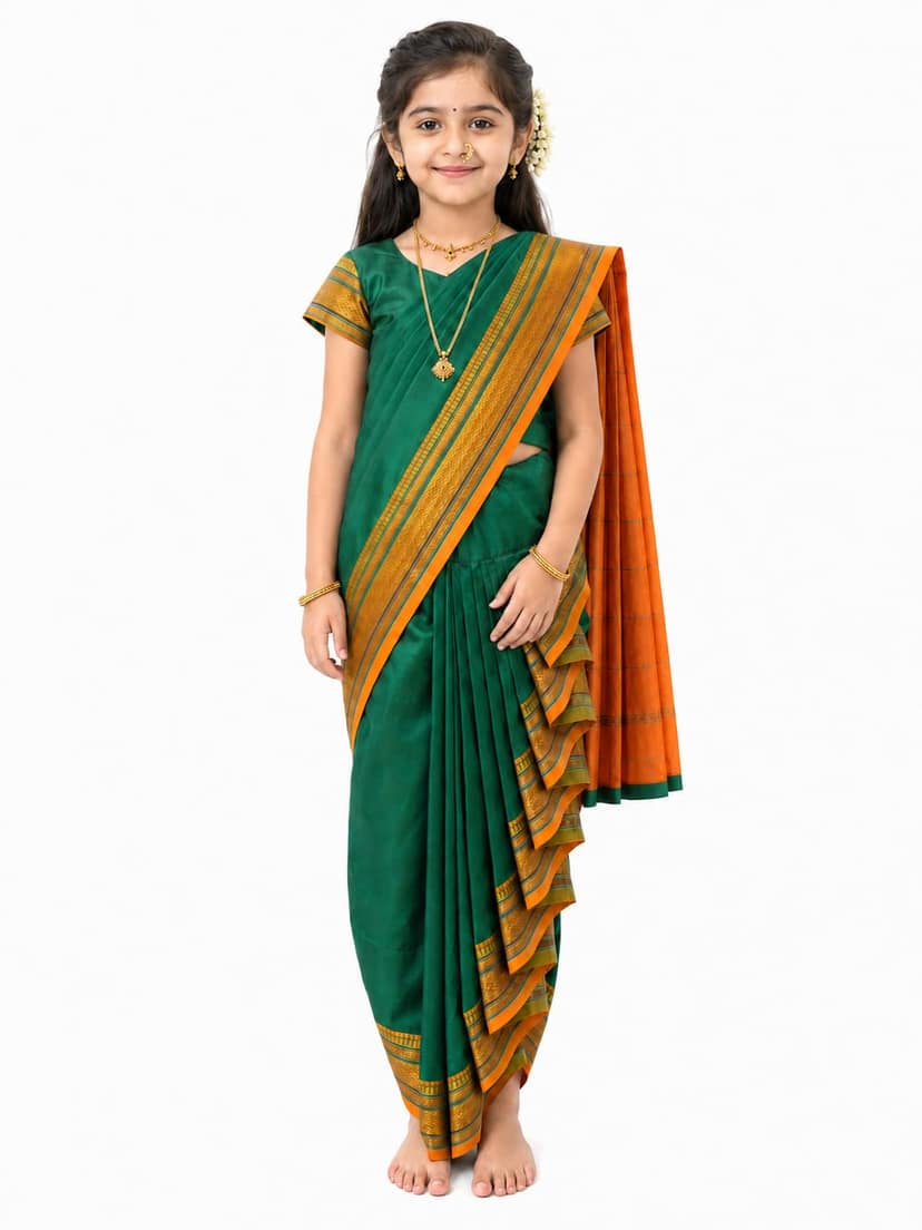 luster Shahi Mastani Nauvari saree for kids/girls Ready-to-wear with a stitched blouse, Traditional Maharashtrian Marathi saree, for School program ganpati pujas festival (Green, 12-13 Years)