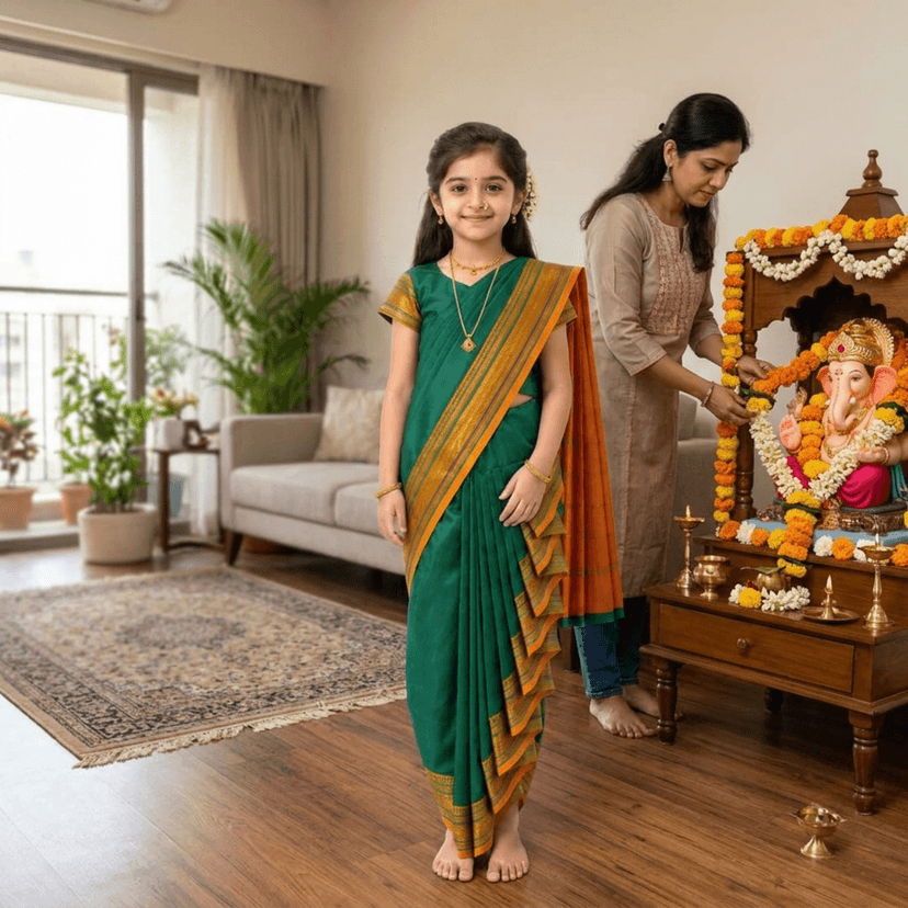 luster Shahi Mastani Nauvari saree for kids/girls Ready-to-wear with a stitched blouse, Traditional Maharashtrian Marathi saree, for School program ganpati pujas festival (Green, 12-13 Years) view 3